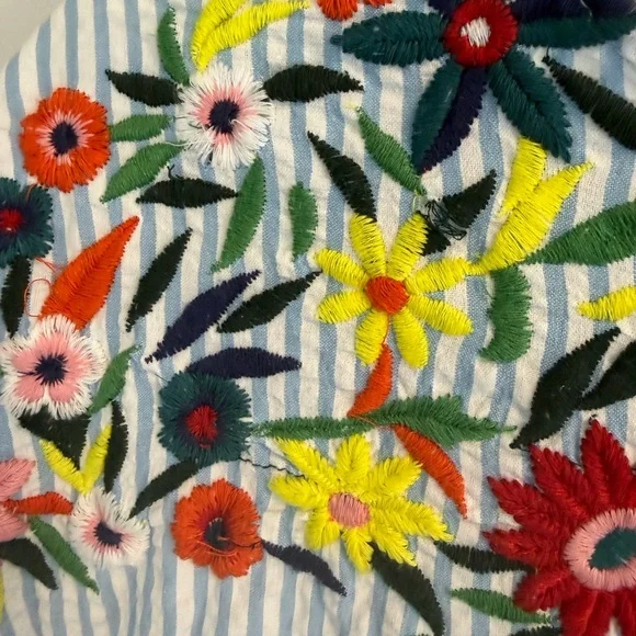 Song of Style Blue White Seersucker Stripe Floral Embroidery Mini Dress Small - Picture 4 of 9